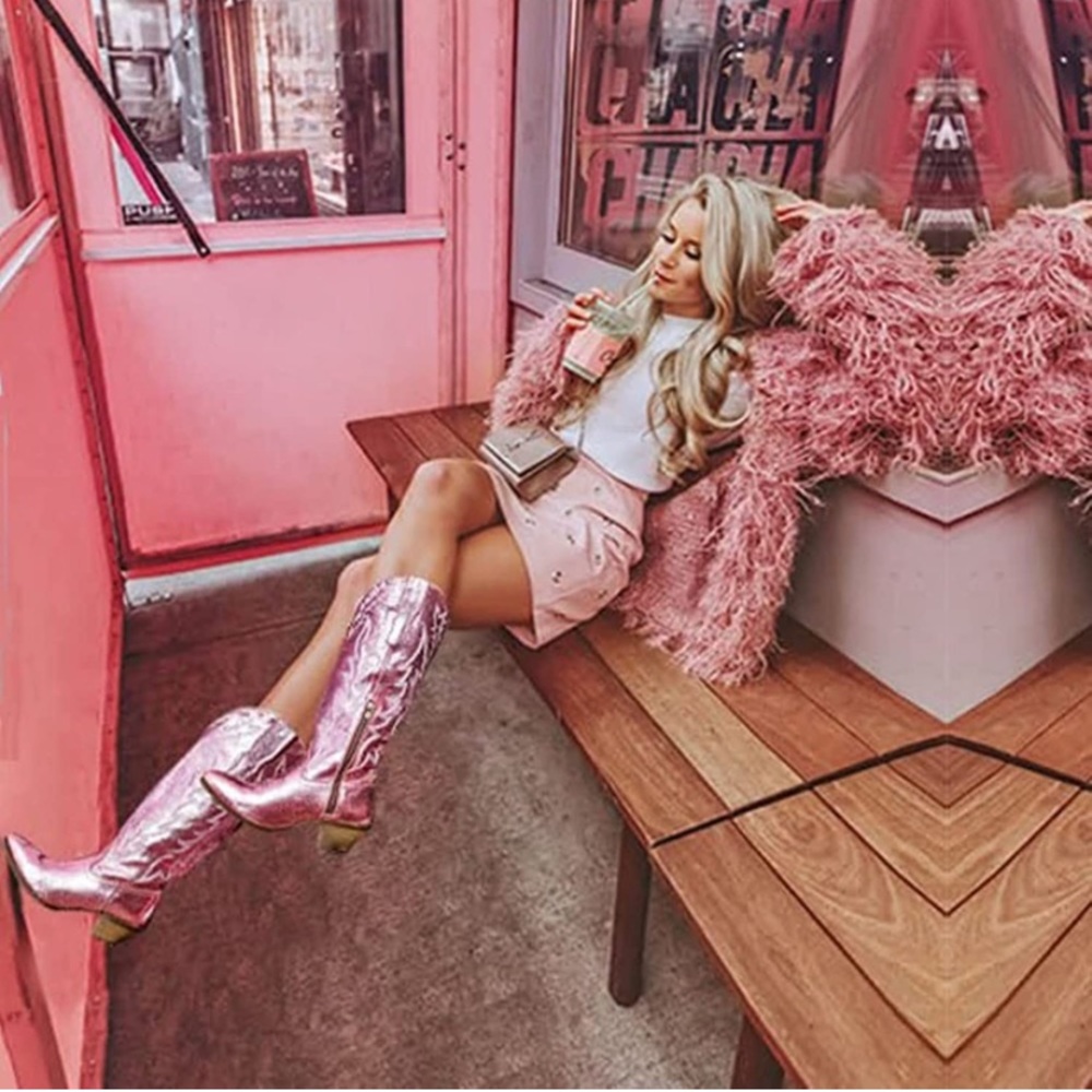 Pink Glittery Metallic Mid Calf Western Boots